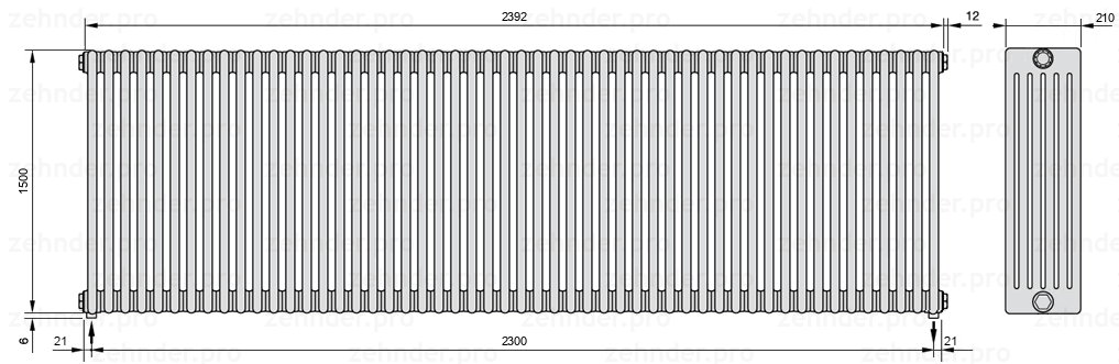 Схема (чертеж) Радиатор Zehnder Charleston 6150/52 №5310 Белый глянцевый RAL 9016
